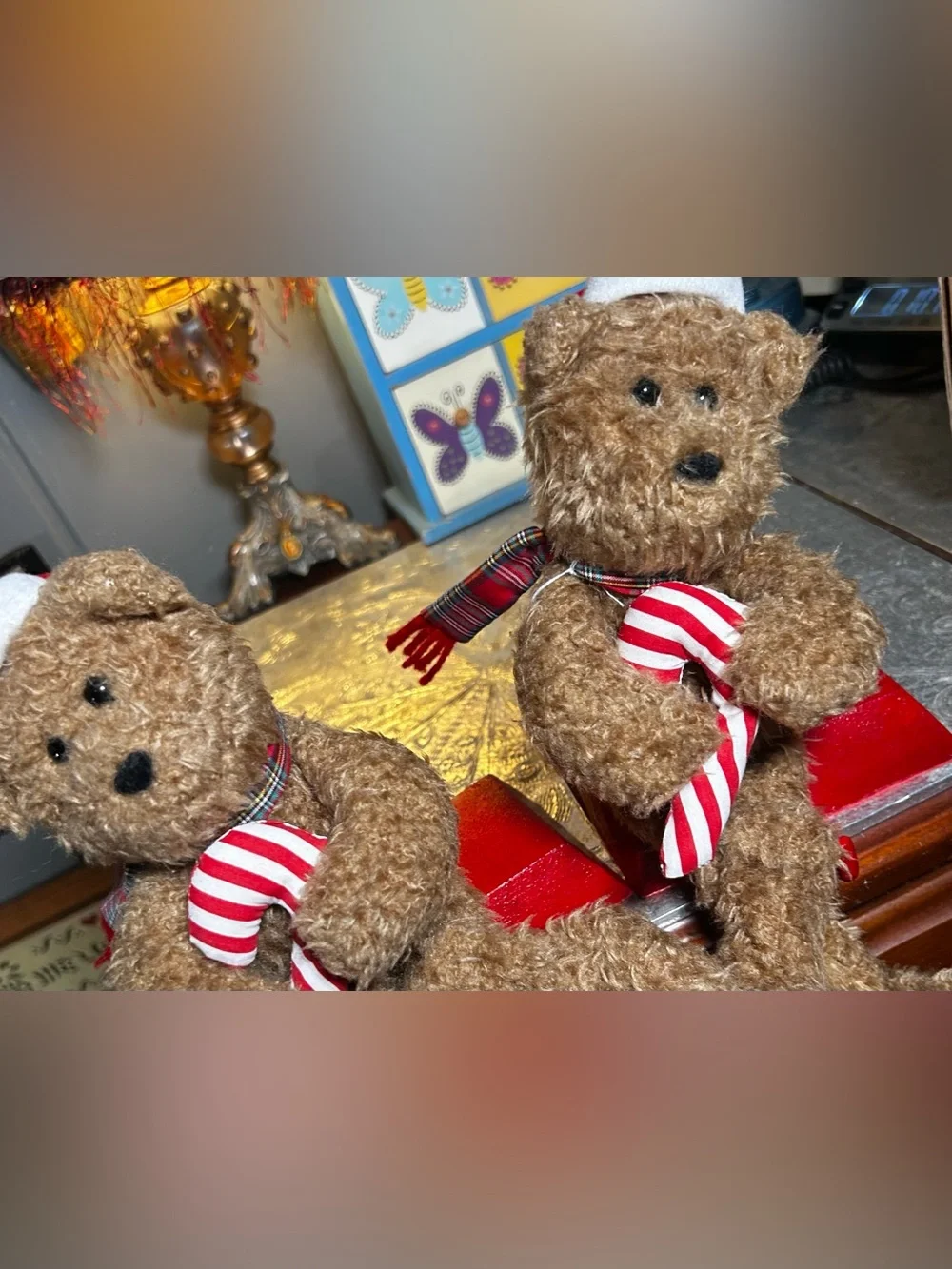 Vintage 1997 Plush Teddy Bear Christmas Stocking Hangers (set of 2)